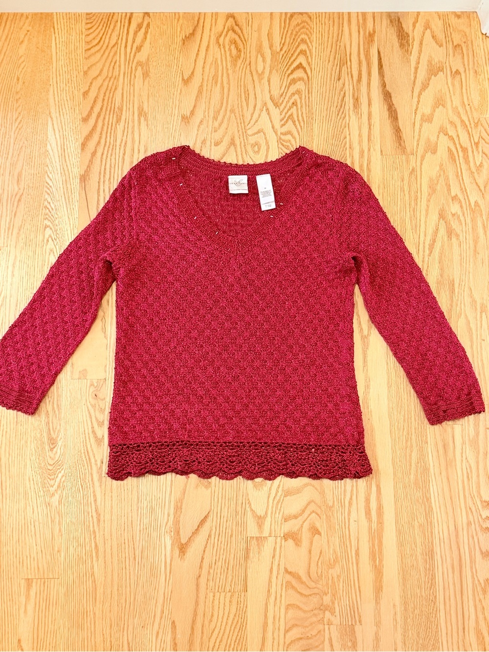 Emma James Deep Red  Scoop-Neck Lace-Hem Sweater